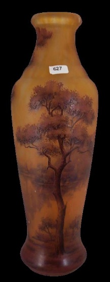 Signed Daum Nancy Cameo Glass 14" vase, Landscape/lake scene at sunset