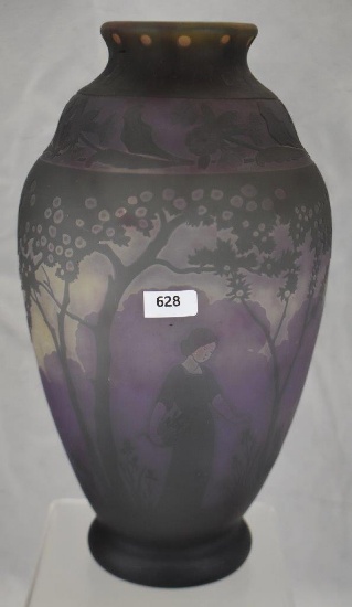 Signed Muller French Cameo Glass 12" vase, Woman with basket in garden landscape scene