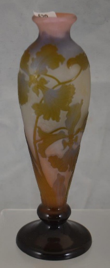 Signed Galle Cameo Glass 9" floral vase, lavender/pink and blue coloring