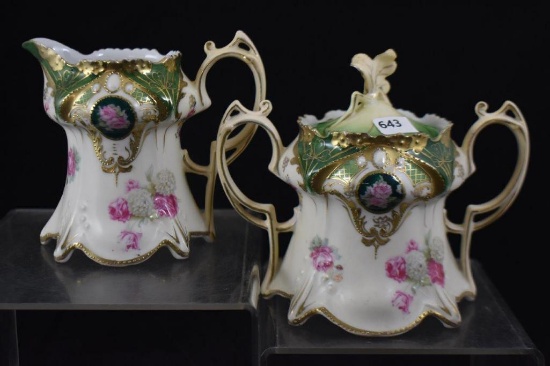 R.S. Prussia Mold 643 4" creamer and sugar w/lid, Roses and Snowballs, red mark
