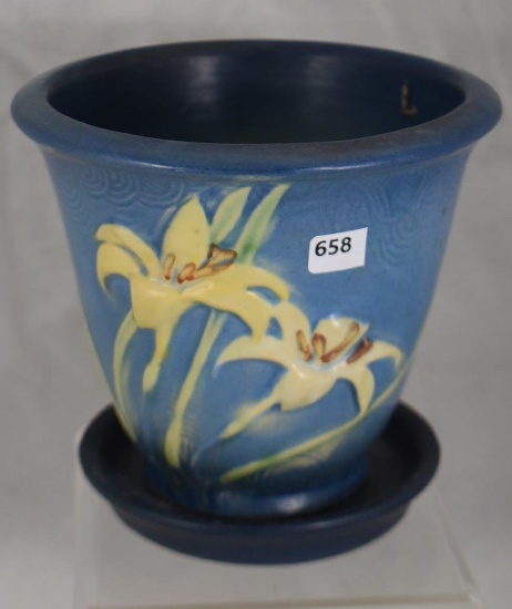 Roseville Zephyr Lily 672-5" flower pot and saucer, blue