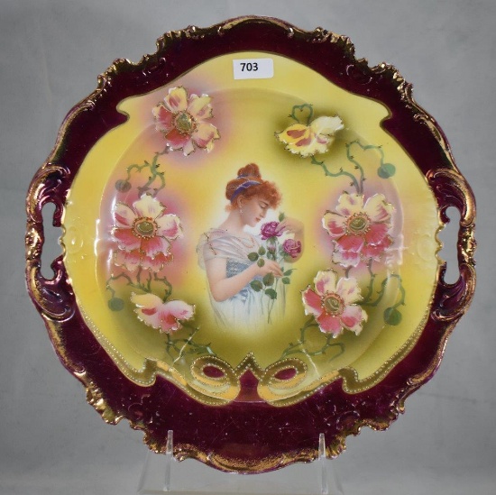 Mrkd. Prov Saxe/ES 11.5"d cake plate featuring Lady and Roses