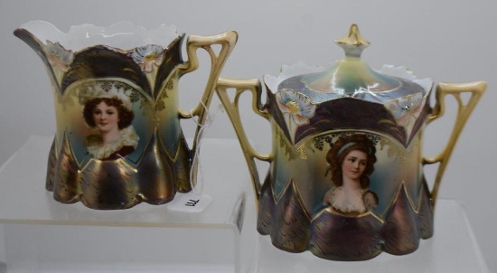R.S. Prussia Tiffany portrait creamer and sugar with lid