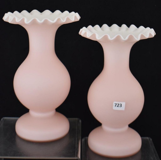Pr. Pink and white satin glass 8"h vases