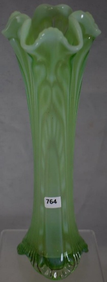 Fenton Plume Panels Carnival 11" green opal. vase