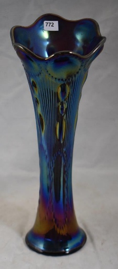 Carnival Beaded Bull's Eye 12"h vase, purple with heavy blue iridescence