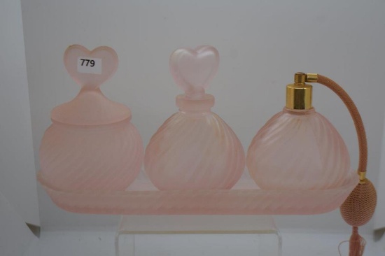 Pink Satin Glass 4 pc. dresser set, Swirl pattern