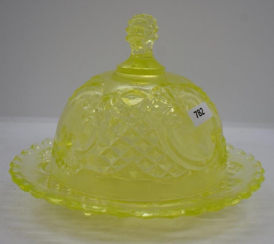 Vaseline glass round covered Butter Dish