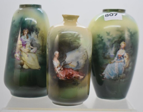 (2) Unm. RSP 4.5" vases and (1) mrkd. Germany 4" bottle vase