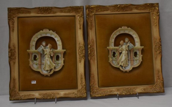Pr. German bisque hand painted relief framed wall plaques, courting couples