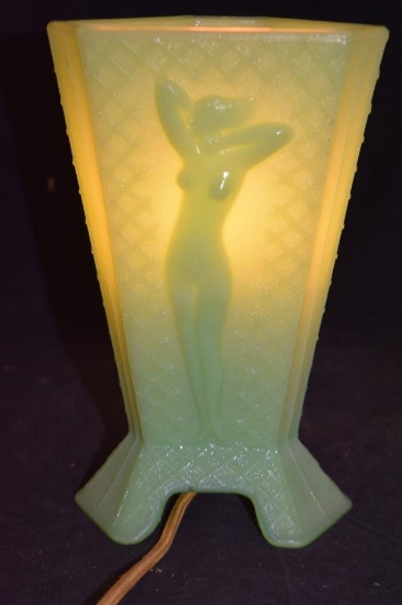 Jadite glass art-deco panel lamp with nude