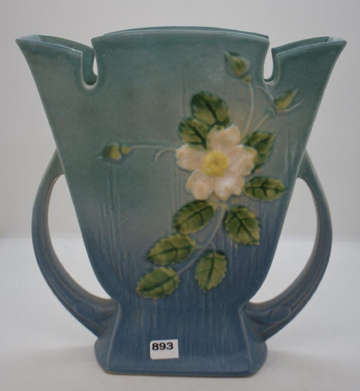 Roseville White Rose 987-9" vase, blue