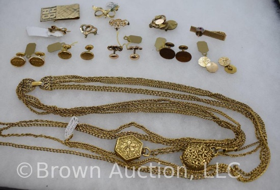 Assortment of jewelry: Necklace, gold cuff links, tie clip, etc.