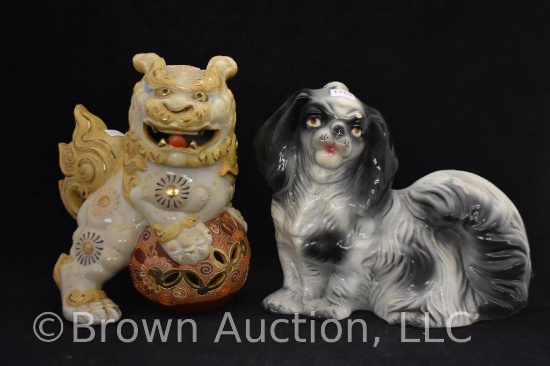Chalkware pekinese liquor bottle (mrkd. Italy) and ceramic Foo dog dragon potpourri statue
