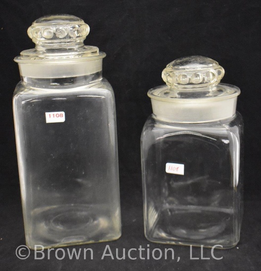 (2) Square clear glass apothecary-style canisters w/lids