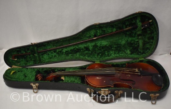 Violin in case, label inside "Bernard Kruezer, Schonbach/Bohemia, Reproduction"