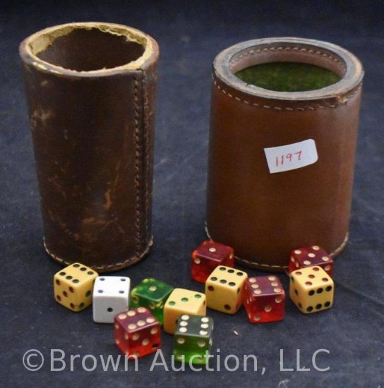 (2) Leather game cups w/ assorment of dice