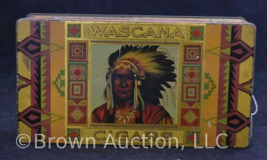 Brightly colored tin cigar box for Wascana Cigars