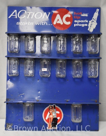 Vintage AC Spark Plug metal display rack w/14 jars