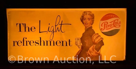1950's lighted Pepsi-Cola box sign - great lady w/muff and shawl