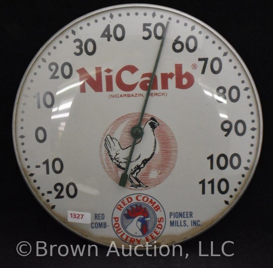 NiCarb Red Comb Poultry Feeds 10" round dia. advertising thermometer