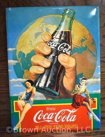 Classic Coca-Cola 1982 metal advertising sign - Norman Rockwell style
