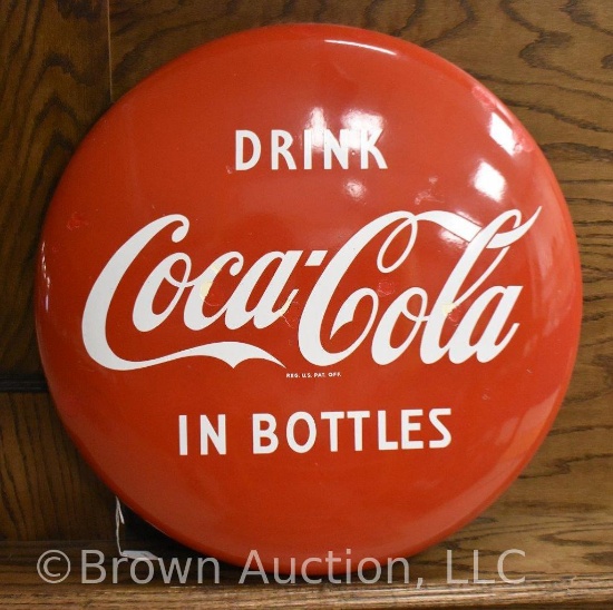 Drink Coca-Cola in bottles' metal button advertising sign