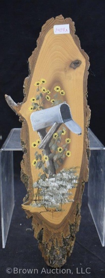 Archie Shepard painting on 13.5"l driftwood - mailbox and sunflowers