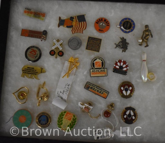 Assortment of tie tacks and pins - advertising and several bowling themed