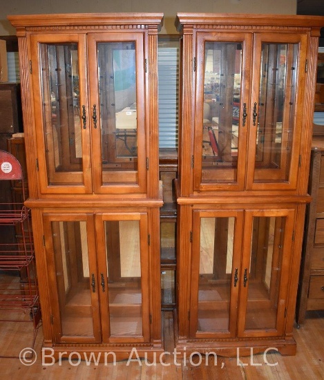 (2) Modern lighted display cabinets with glass sides and glass front doors, mirrored back