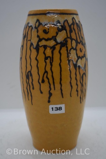 Mrkd. Door 8" vase, golden yellow w/black and white slip-painted design