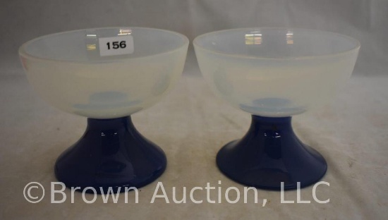 (2) Milk Glass opaque 3.25"h desert/sherbets w/blue stem