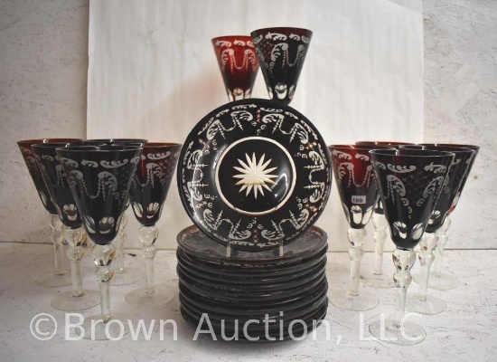 (12) Victorian Bohemian Glass 9.5"h goblets and (12) matching 6" plates