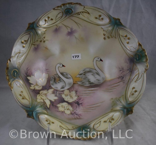 R.S. Prussia 9"d bowl, Stylized Swans in rare mold, red mark - Nice!