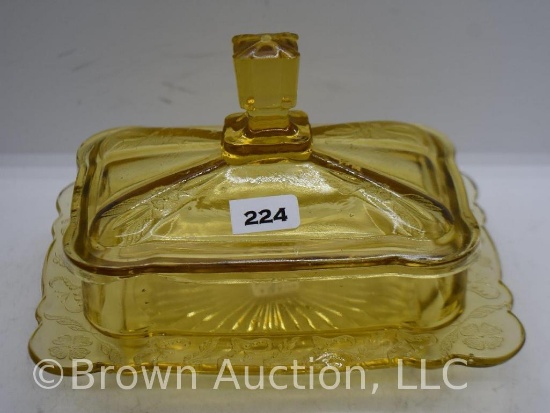 EAPG amber Flower and Quill cov. butter dish