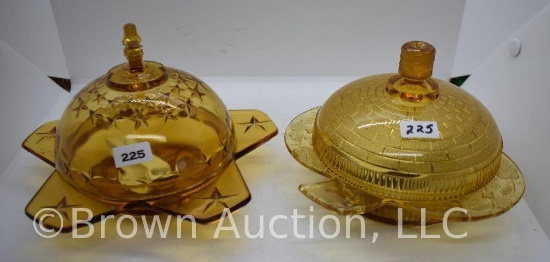 (2) EAPG amber cov. butter dishes
