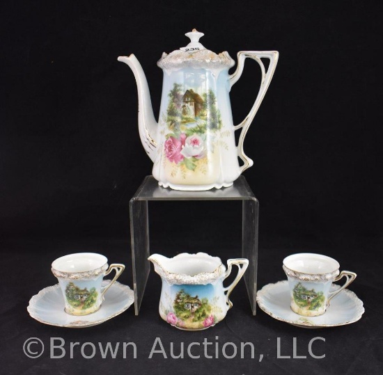 R.S. Prussia Stippled Mold pieces incl. tea pot, creamer (2) cup and saucer sets