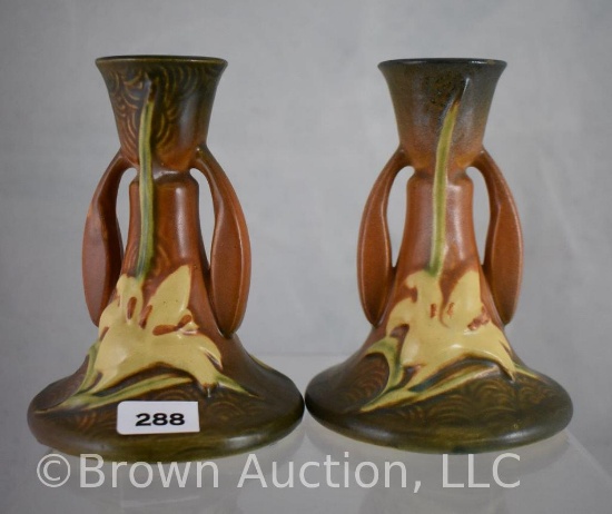 Pr. Roseville Zephyr Lily 1163-4.5" candle holders, brown