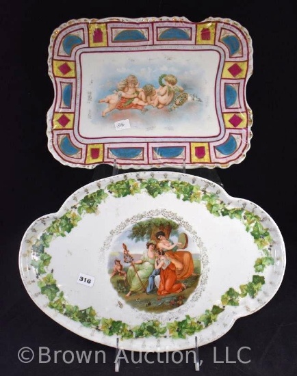 (2) Hand painted porcelain dresser trays, 1 mrkd. Vienna/beehive