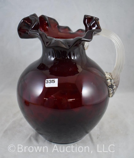 Fenton Ruby red Coin Spot/Dot 9" pitcher w/clear reeded handle
