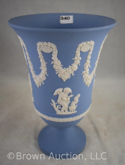 Mrkd. Wedgwood 7.5"h pedestal Jasperware vase, blue