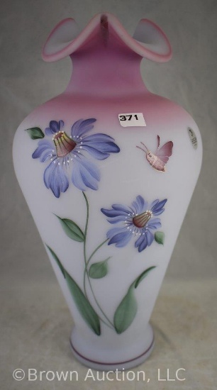 Fenton purple passion flowers on blue Burmese vase, 13"