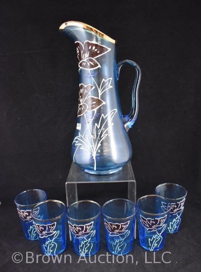 Victorian enameled floral blue glass water set