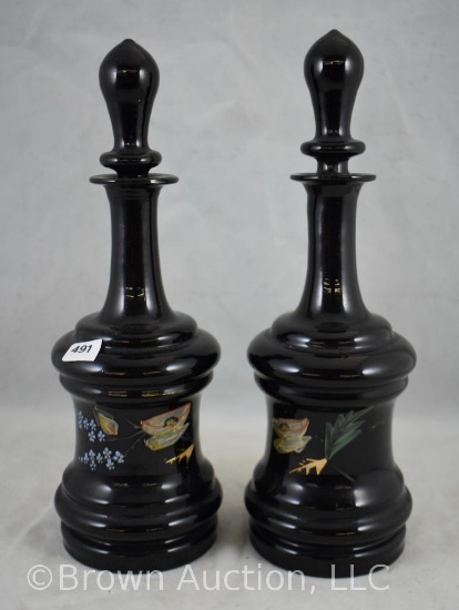 Pr. Vintage shiny black glass Art Deco-style decorated 10" decanters w/stoppers