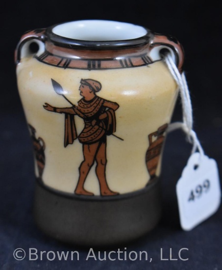 Mrkd. Nippon 3"h cabinet vase, Greek/Roman warrior and 3 urns