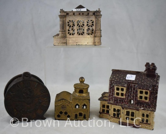 (4) Cast Iron banks: 2-story house; Time is Money; Mosque; 'Bank' building