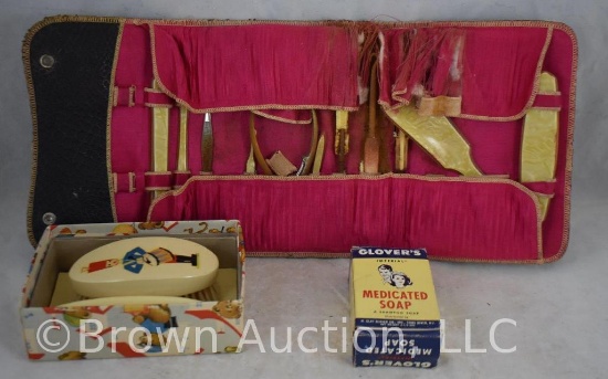 Child's comb and brush set, original box; Glover's medicated shampoo soap; Celluloid nail set