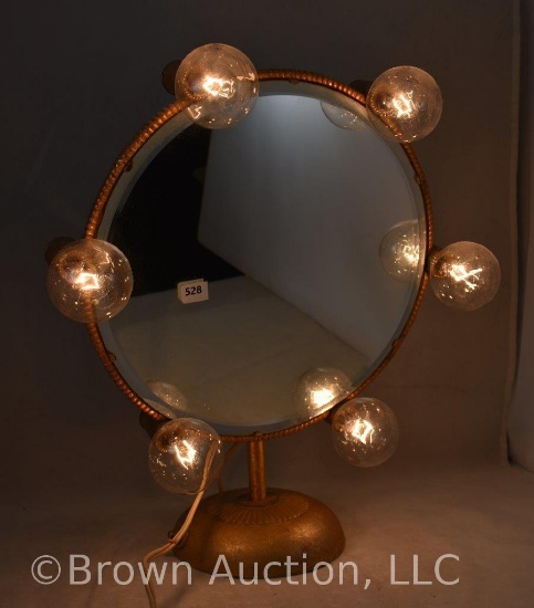 1940's signed Jolle Art Deco giltmetal lighted make-up mirror - Works!