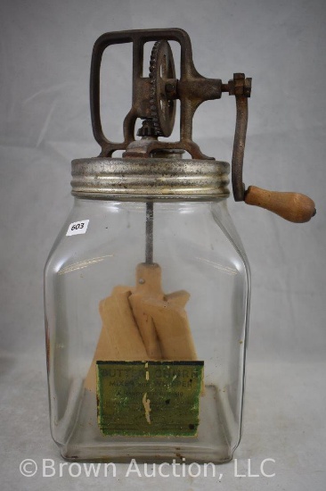 4 qt. glass butter churn mixer and whipper, original paper label