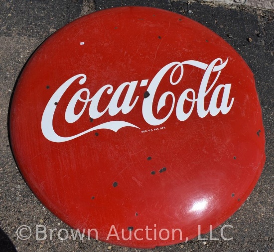 Coca-Cola porcelain 4' button advertising sign, cut out at bottom for pole